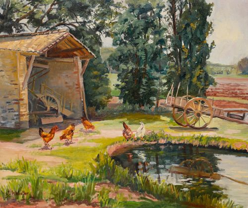 J. Webster  20th Century Oil, Chickens By The Pond photo furniture