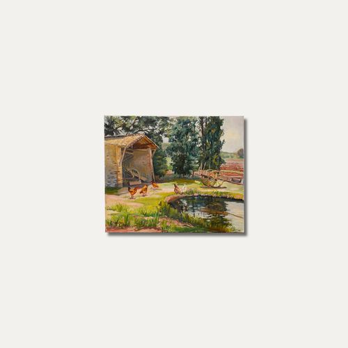 J. Webster  20th Century Oil, Chickens By The Pond photo vintage
