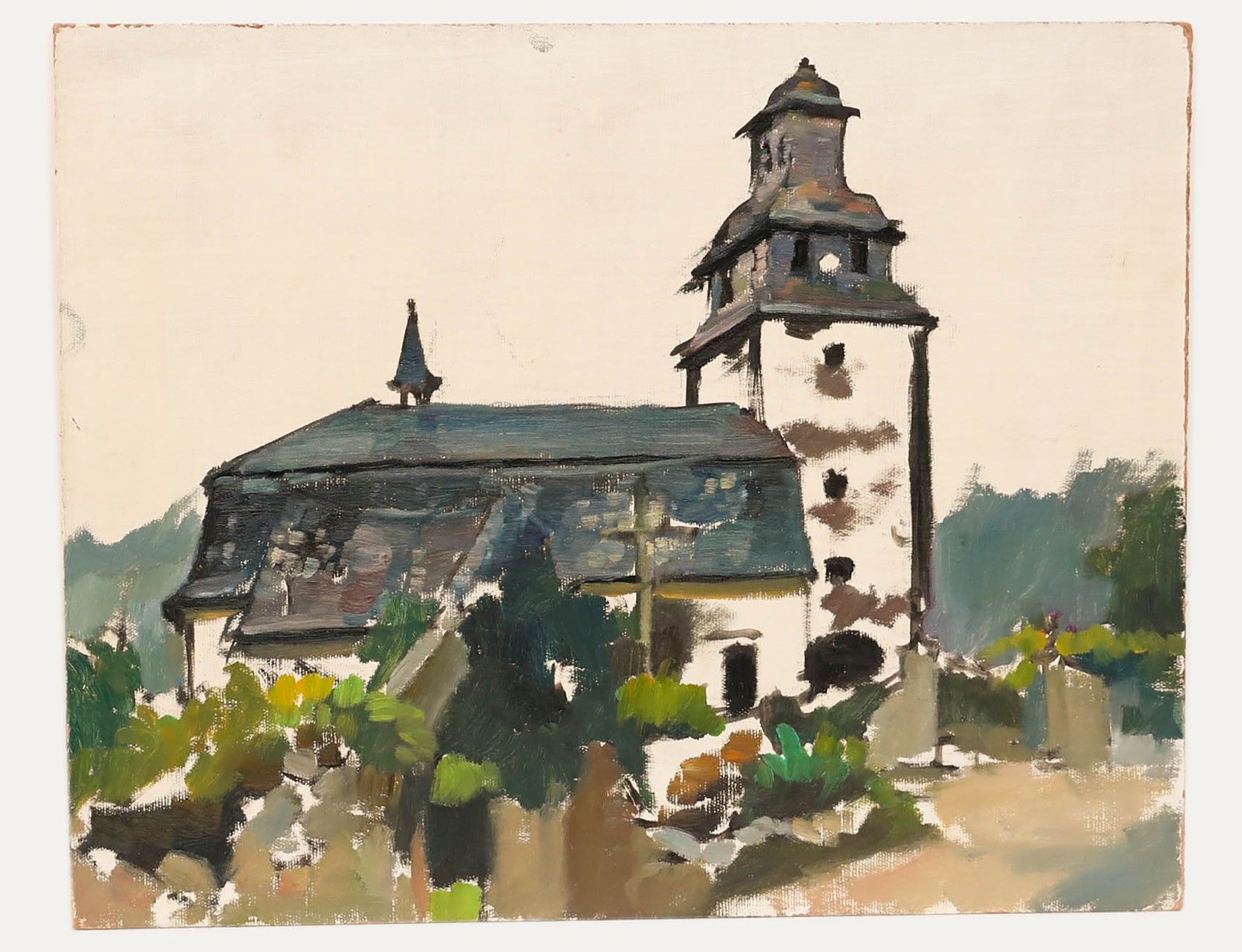 Georges Pacouil (1903 1996) Mid 20th Century Oil, L'église photo furniture