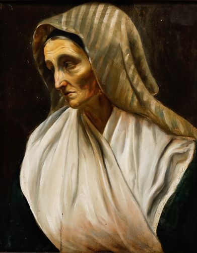 Italian School 19th Century Oil Lady In A Striped Head Scarf photo furniture