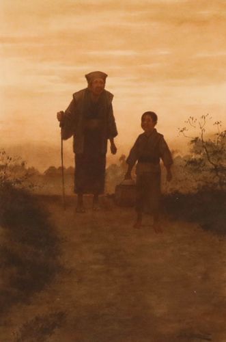 J. S. Yamamoto Early 20th Century Watercolour, Home From The Fields photo furniture
