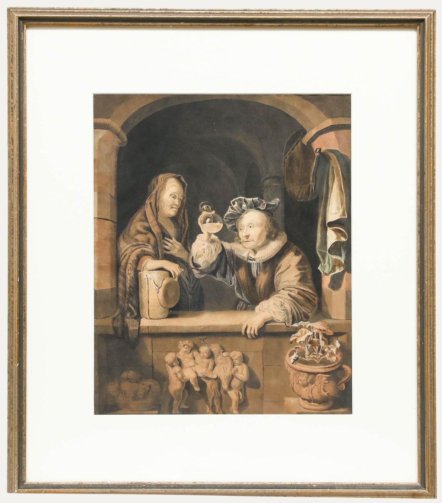 Manner Of Gerrit Dou (1613 1675) Framed Watercolour, A Doctor's Visit