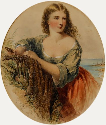 Henry E. Hobson (Fl.1857 1870)  Framed 1864 Watercolour, Maiden Mending The Nets photo furniture