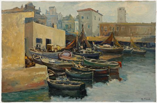 N. Peral Mid 20th Century Oil, Fisherman's Port, Barcelona