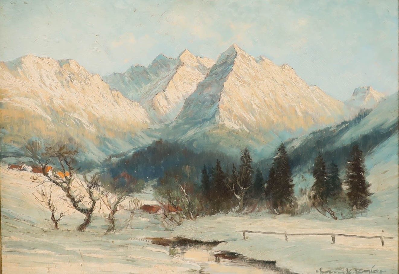 Hans Baier (1918 1976) Framed Mid 20th Century Oil, Oberstdorf In Early Winter photo furniture