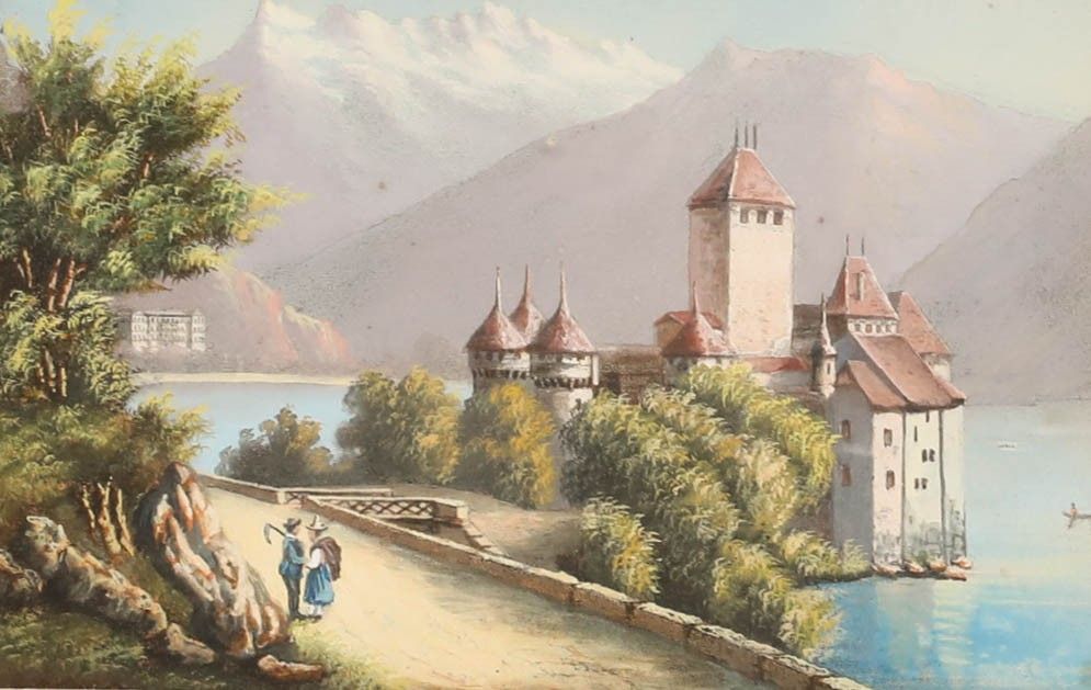 Swiss School Late 19th Century Gouache Chillon Castle photo furniture