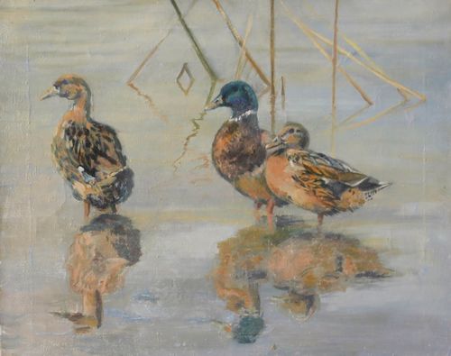 20th Century Oil Mallard Ducks Wading