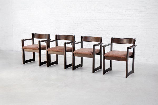Italian Architectural Dining Chairs In Stained Wood, 1960s, Set Of 4
