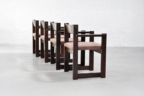 Italian Architectural Dining Chairs In Stained Wood, 1960s, Set Of 4 photo Furniture