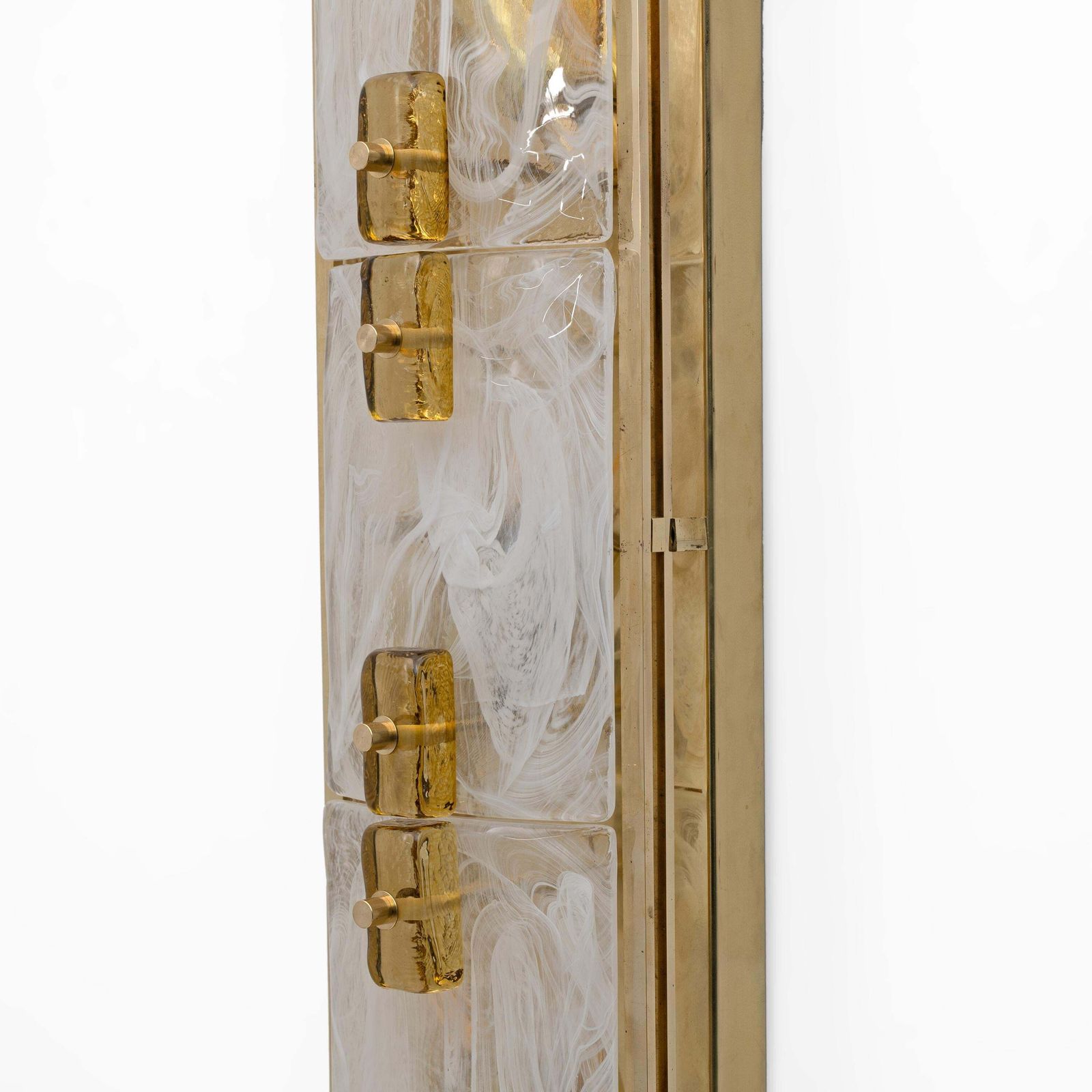 photo for sale Pair Of Modern Sconces In Brass And Milk White Murano Glass And Amber Glass