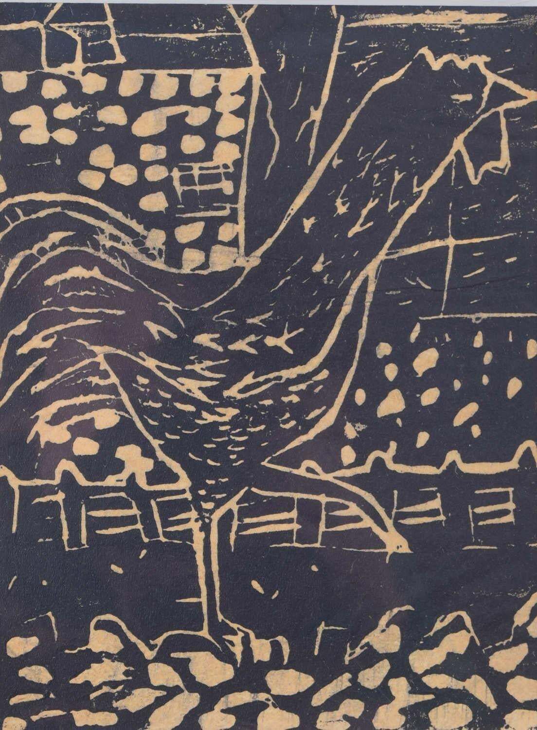 Up With The Rooster, Woodblock Print By Penelope Ellis