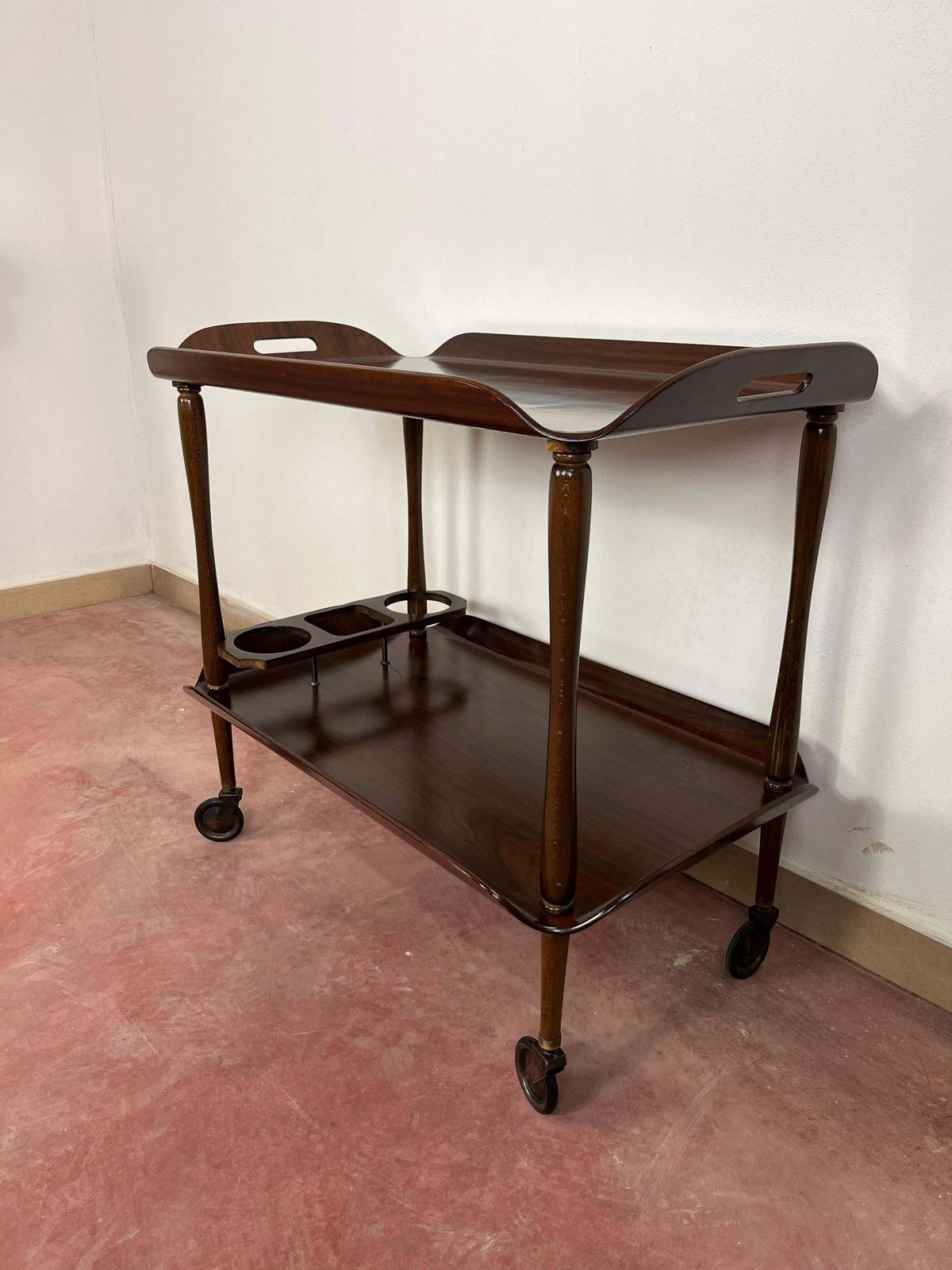 Mid Century Italian Curved Wood Bar Cart, Brass Accessories 1950s photo for sale