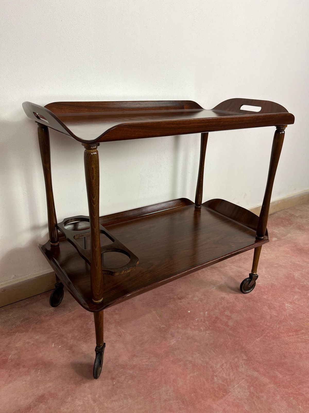 Mid Century Italian Curved Wood Bar Cart, Brass Accessories 1950s photo Home Decor