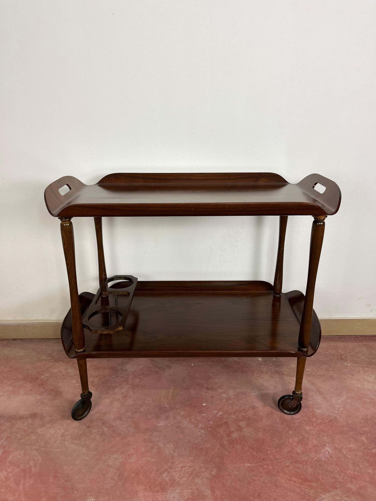 Mid Century Italian Curved Wood Bar Cart, Brass Accessories 1950s photo buy