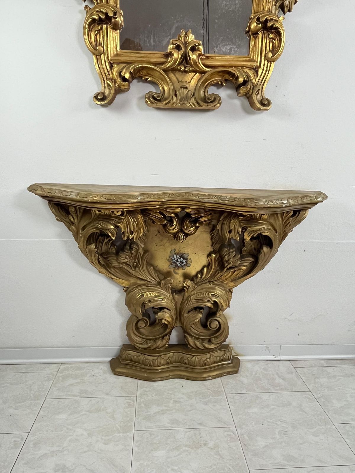 Mid Century Louis XV Console And Wall Mirror In Carved And Gilt Wood, 1930s photo for sale
