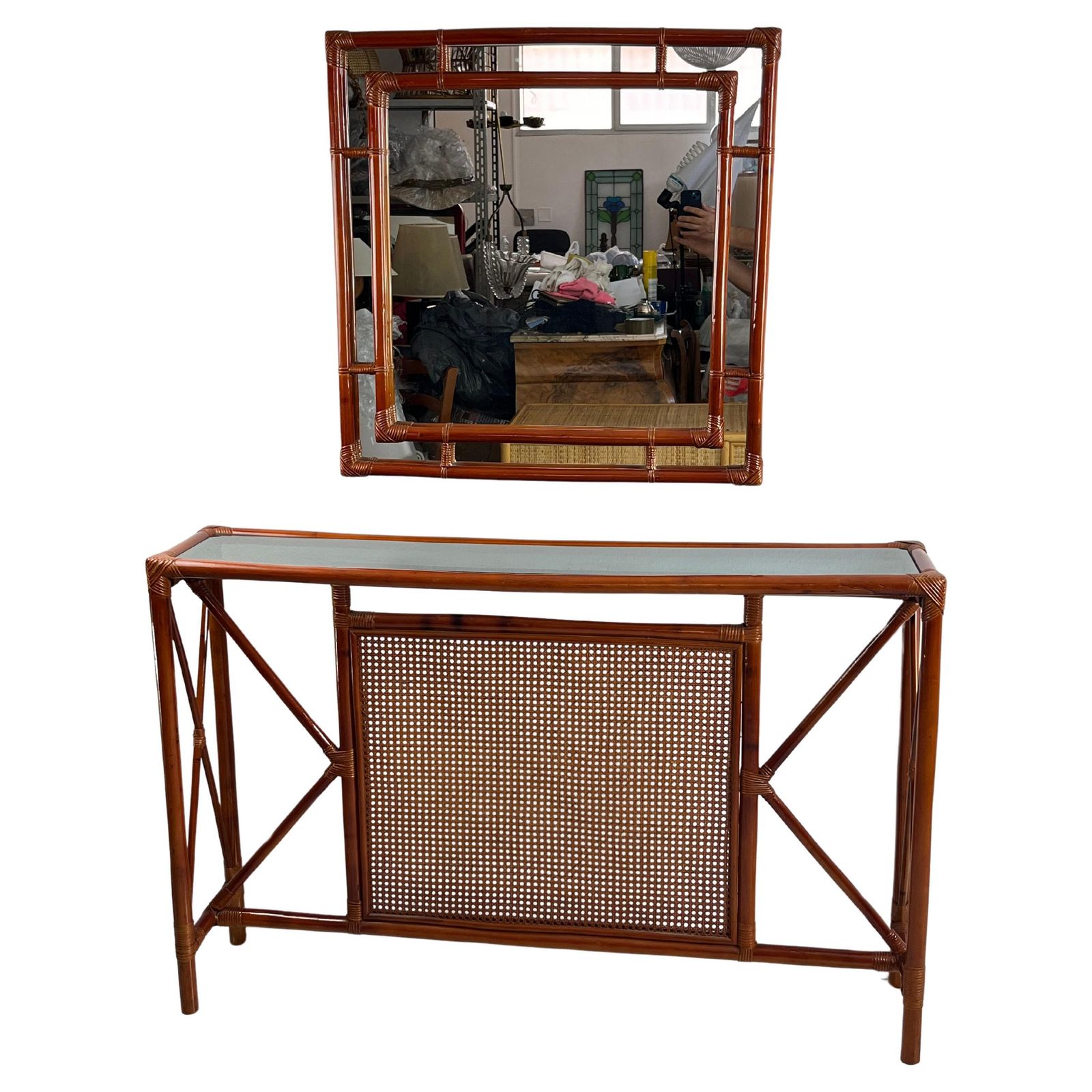 Set Of 2 Bamboo And Rattan Console And Mirror Attributed To Franco Albini 1960s