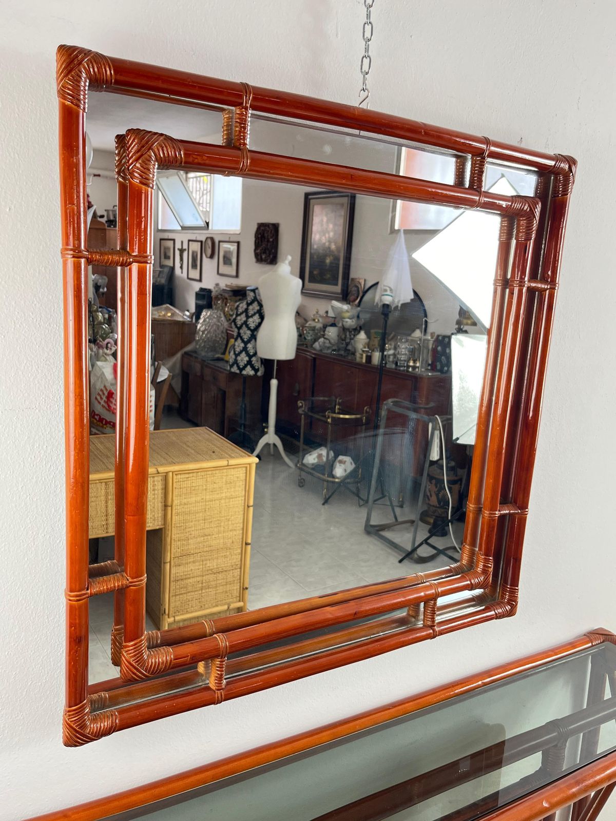Set Of 2 Bamboo And Rattan Console And Mirror Attributed To Franco Albini 1960s photo vinterior