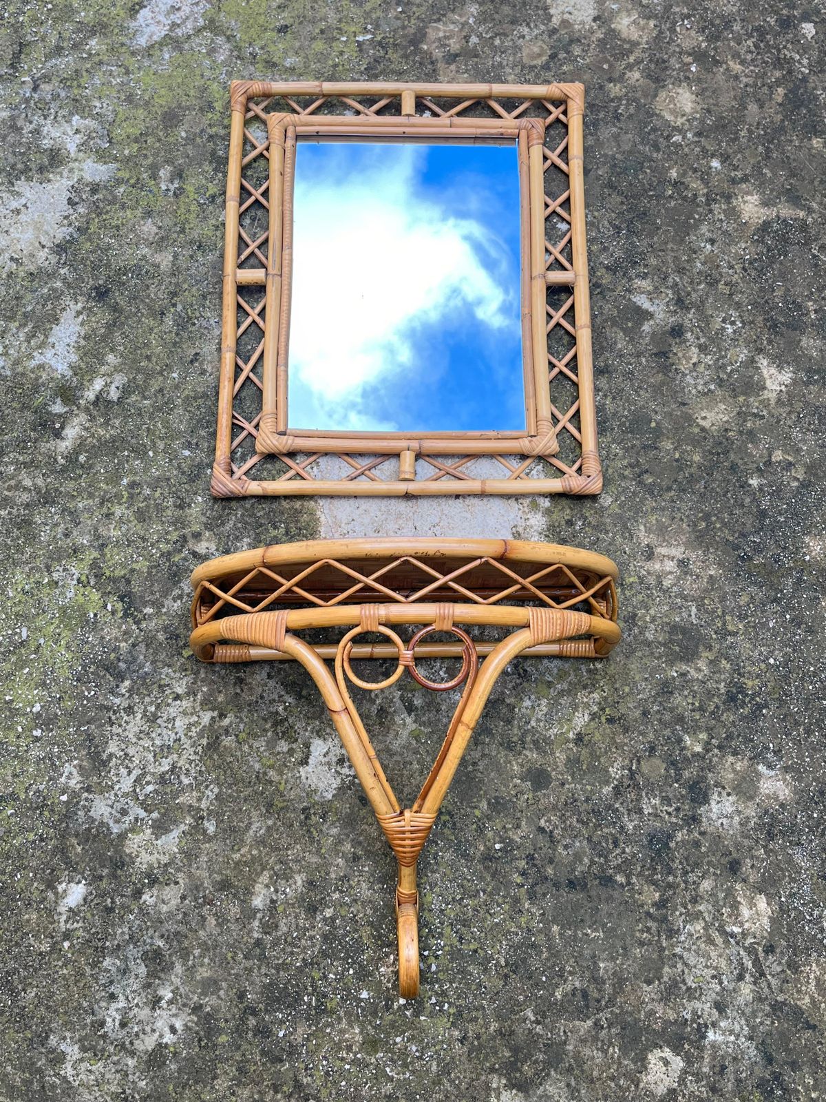 Set Of 2 Tito Agnoli Mid Century Bamboo Mirror And Console 1960s photo for sale