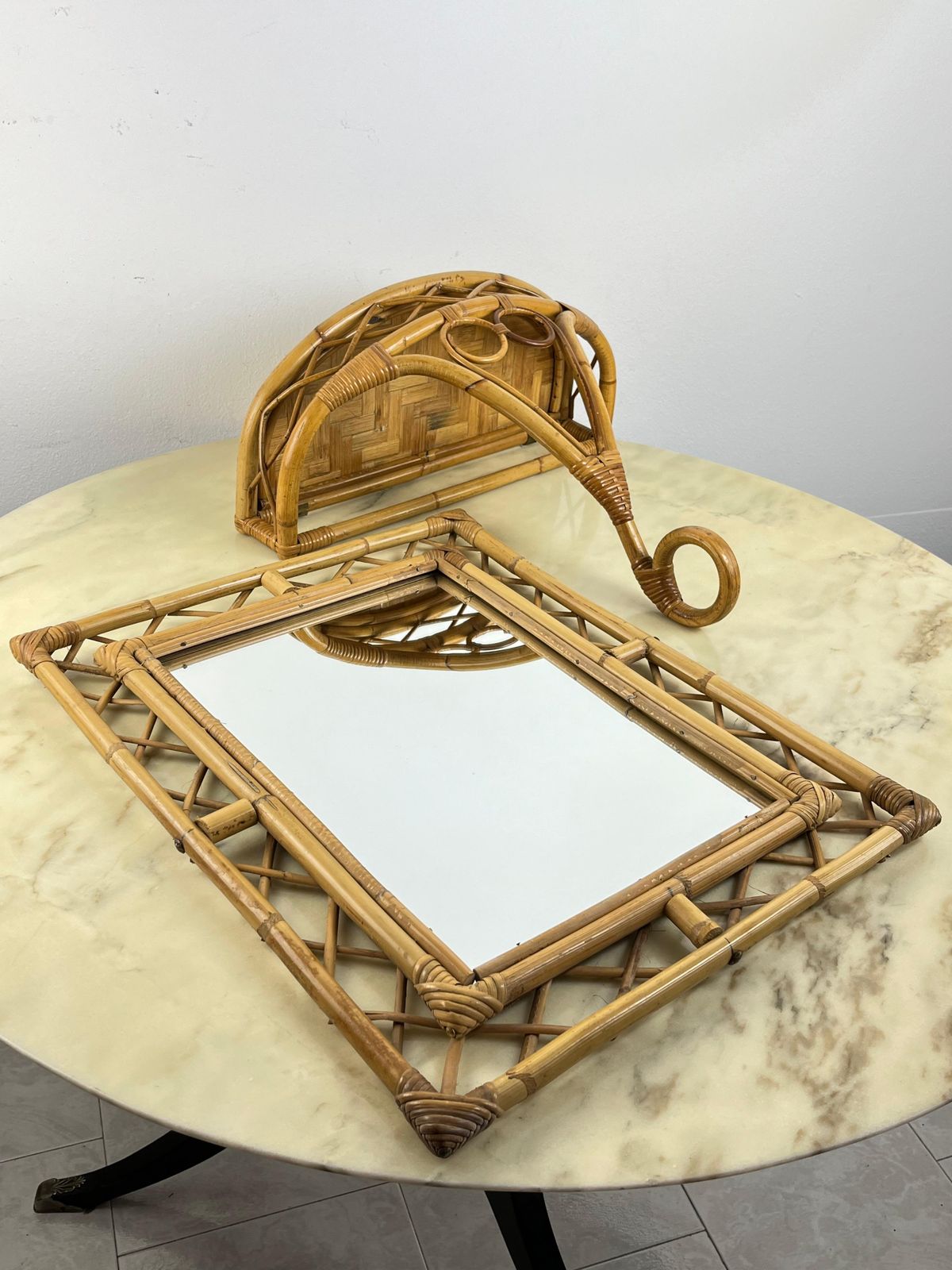 2362.0 Set Of 2 Tito Agnoli Mid Century Bamboo Mirror And Console 1960s photo