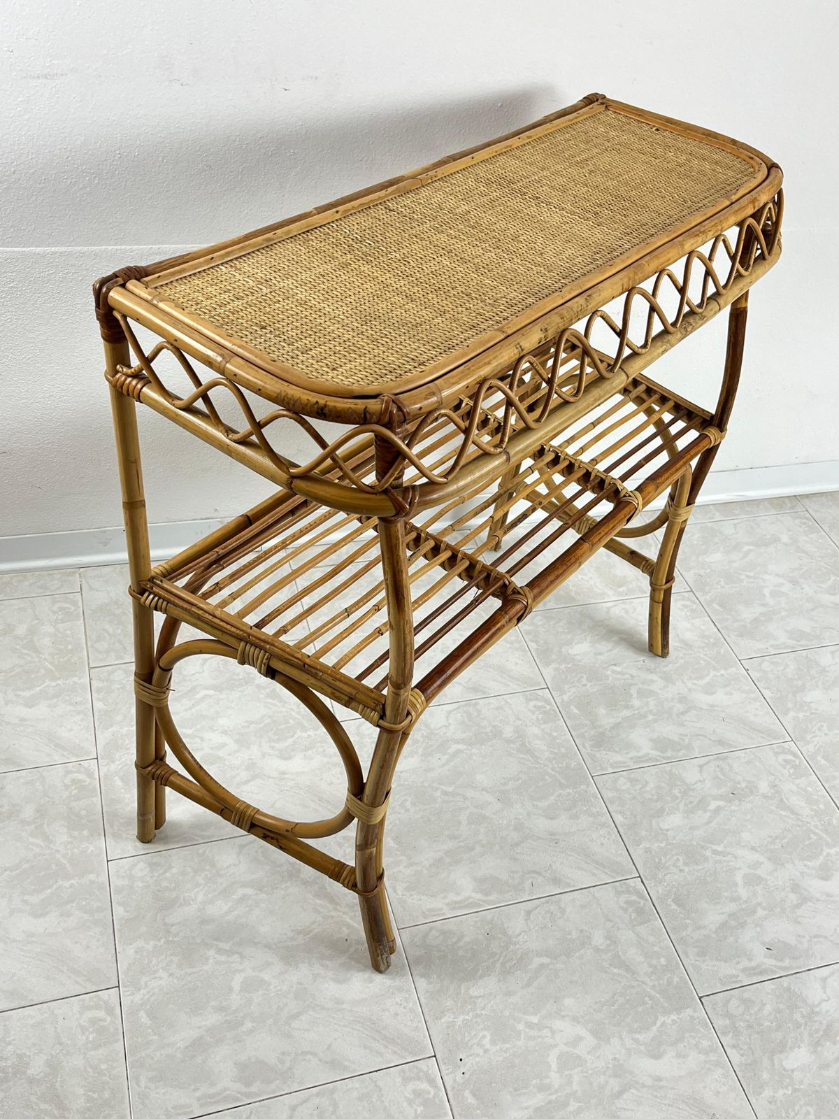 Mid Century Wicker And Bamboo Console Attributed To Franco Albini 1960s photo for sale