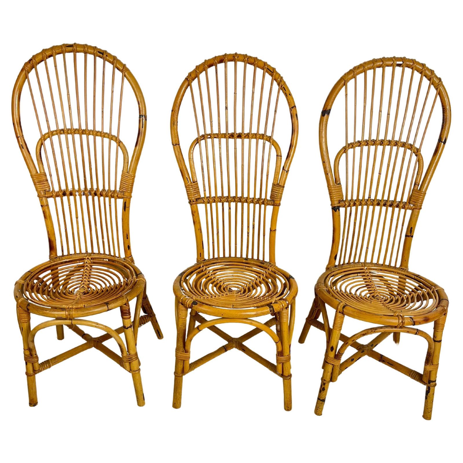 Set Of 3 Mid Century Bamboo  Chairs With Fan Backs Italian Design  1950s