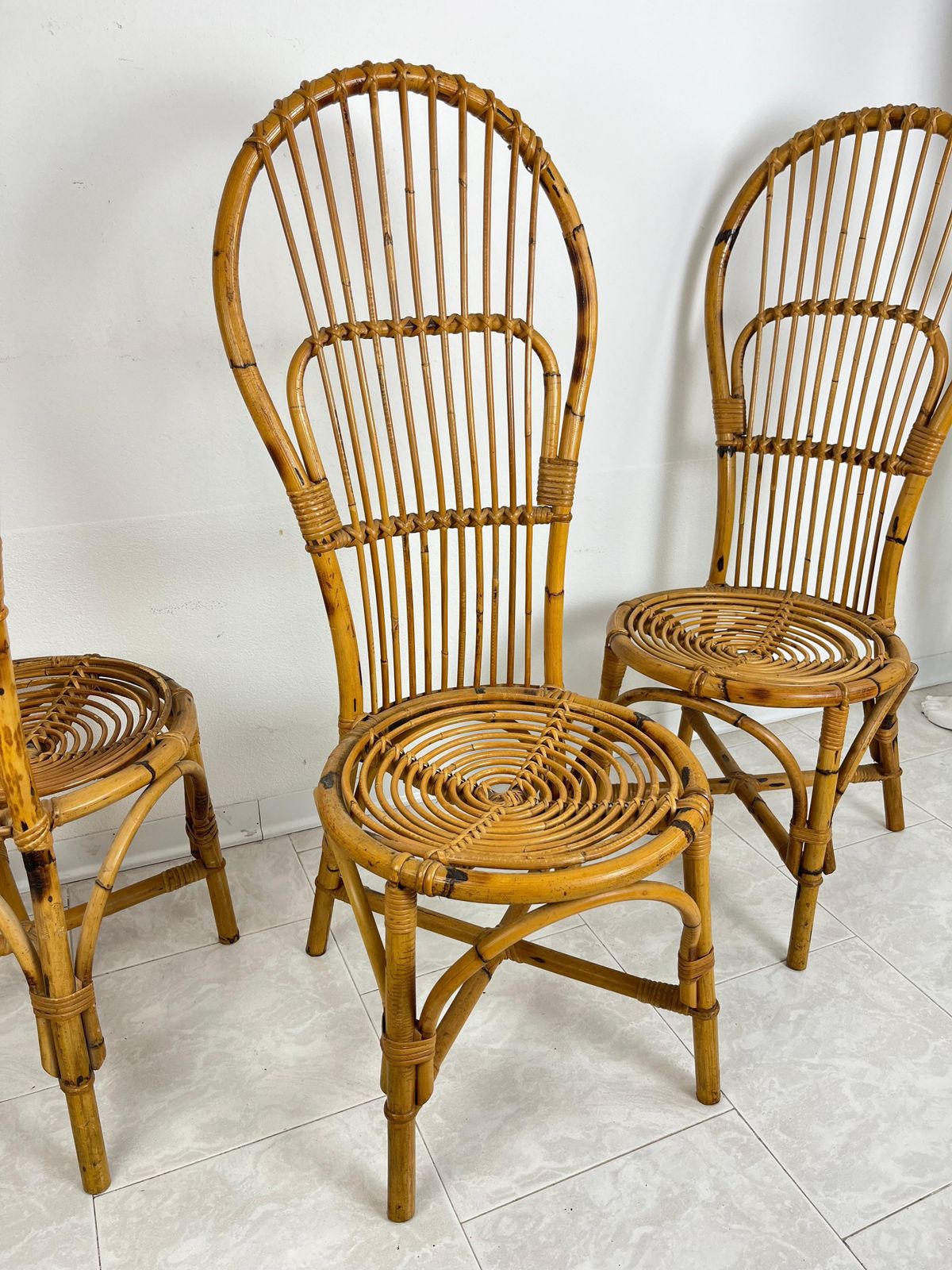 Set Of 3 Mid Century Bamboo  Chairs With Fan Backs Italian Design  1950s photo 1609.0
