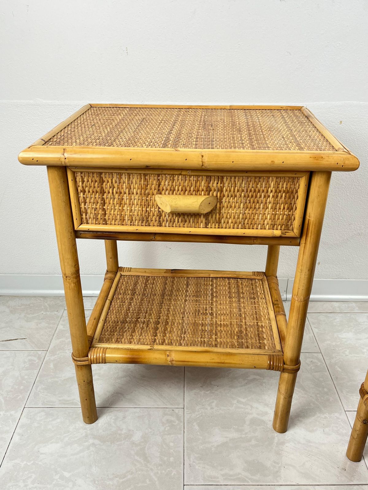 Set Of 2 Mid Century French Riviera Wicker And Rattan Bedside Tables 1960s photo buy