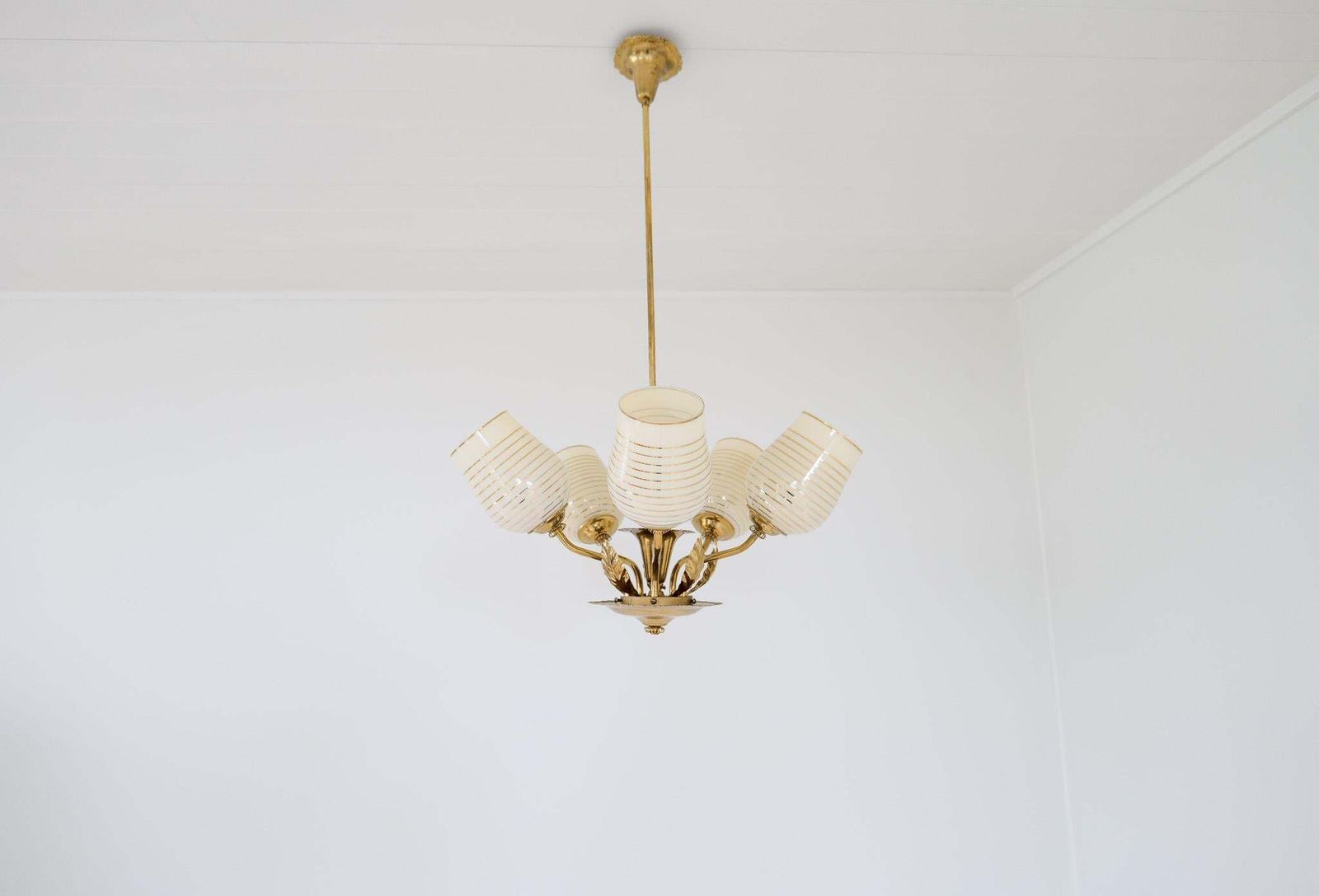 Mid Century Chandelier Lamp In Brass And Glass By Sario, Finland, 1950s photo furniture