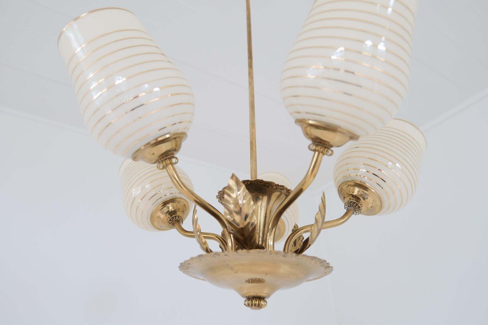 photo for sale Mid Century Chandelier Lamp In Brass And Glass By Sario, Finland, 1950s