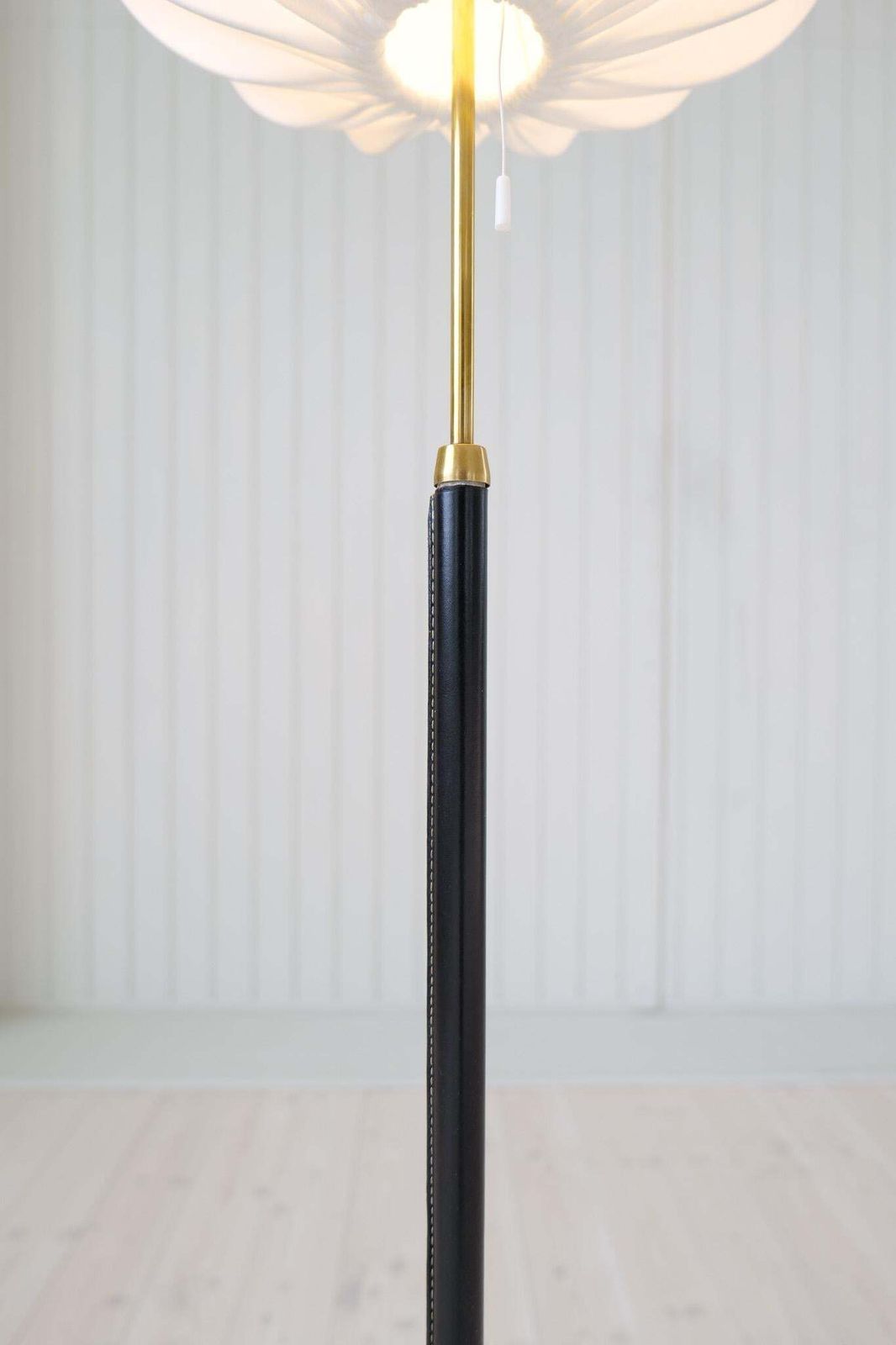 photo furniture Mid Century Brass Black Leather Floor Lamp Falkenbergs Belysning, Sweden, 1960s