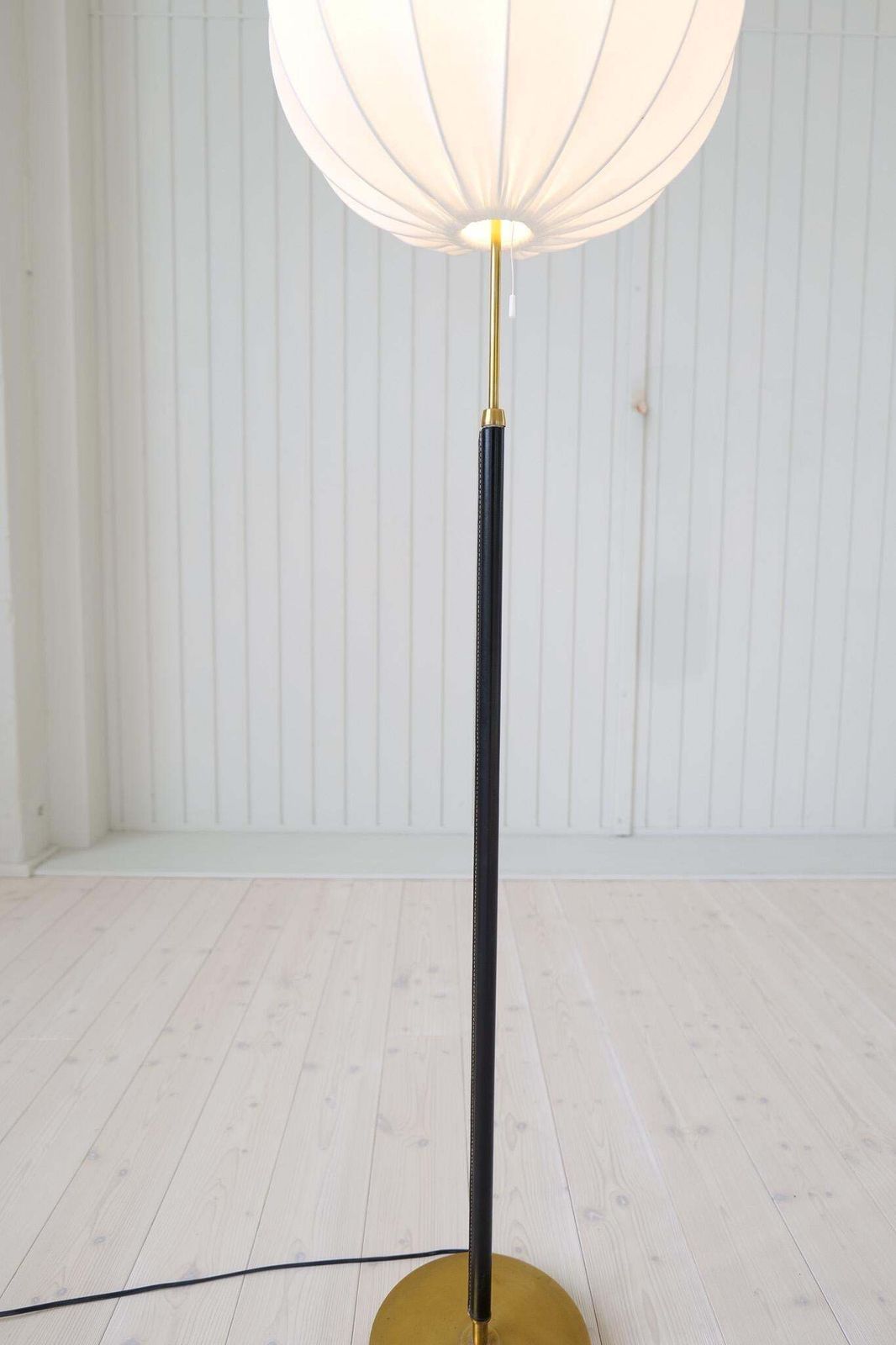 photo for sale Mid Century Brass Black Leather Floor Lamp Falkenbergs Belysning, Sweden, 1960s