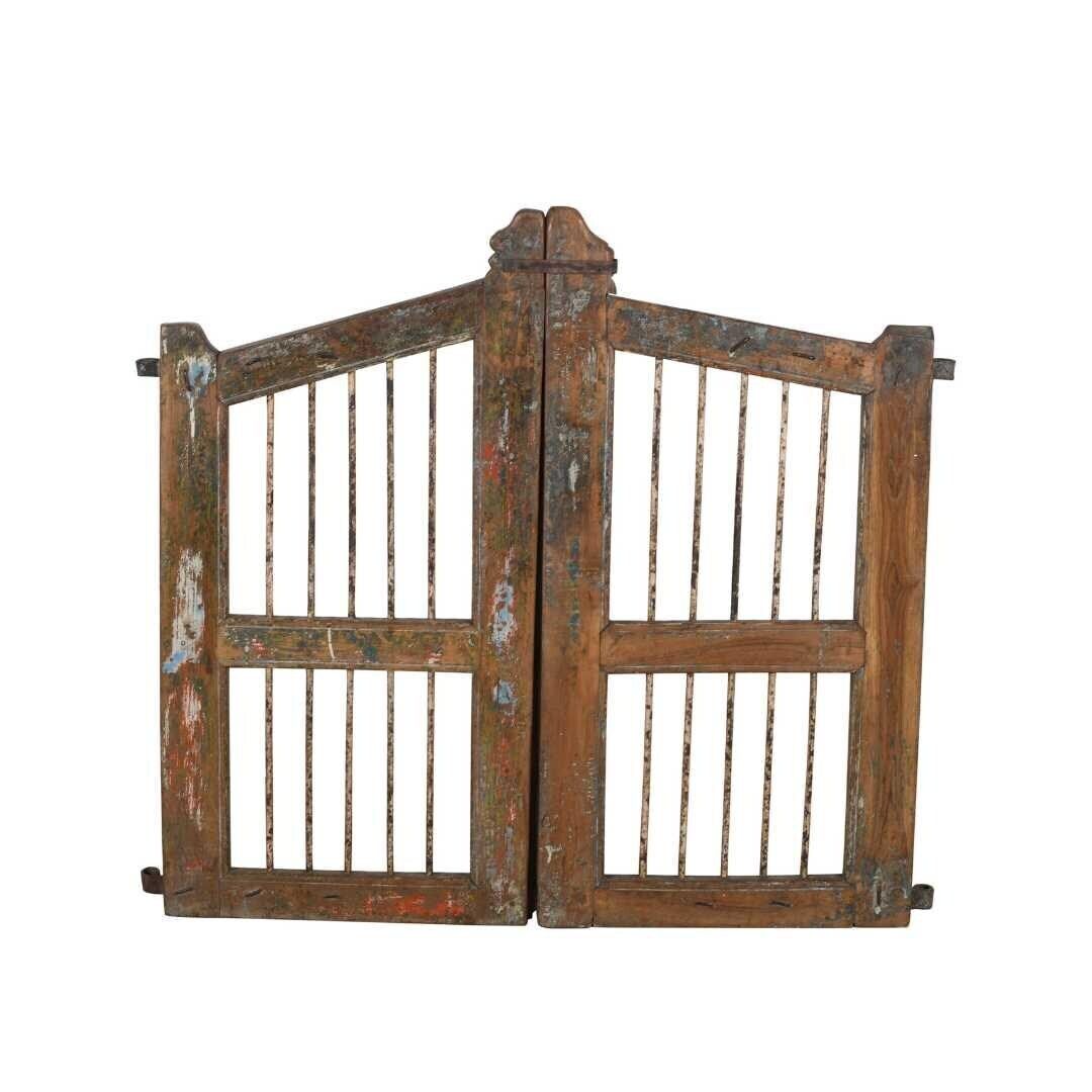 Antique Indian Teak Dog Gates – Ochre, Verdigris & Terracotta, Gujarat C.1880, Garden Entry Pair photo for sale