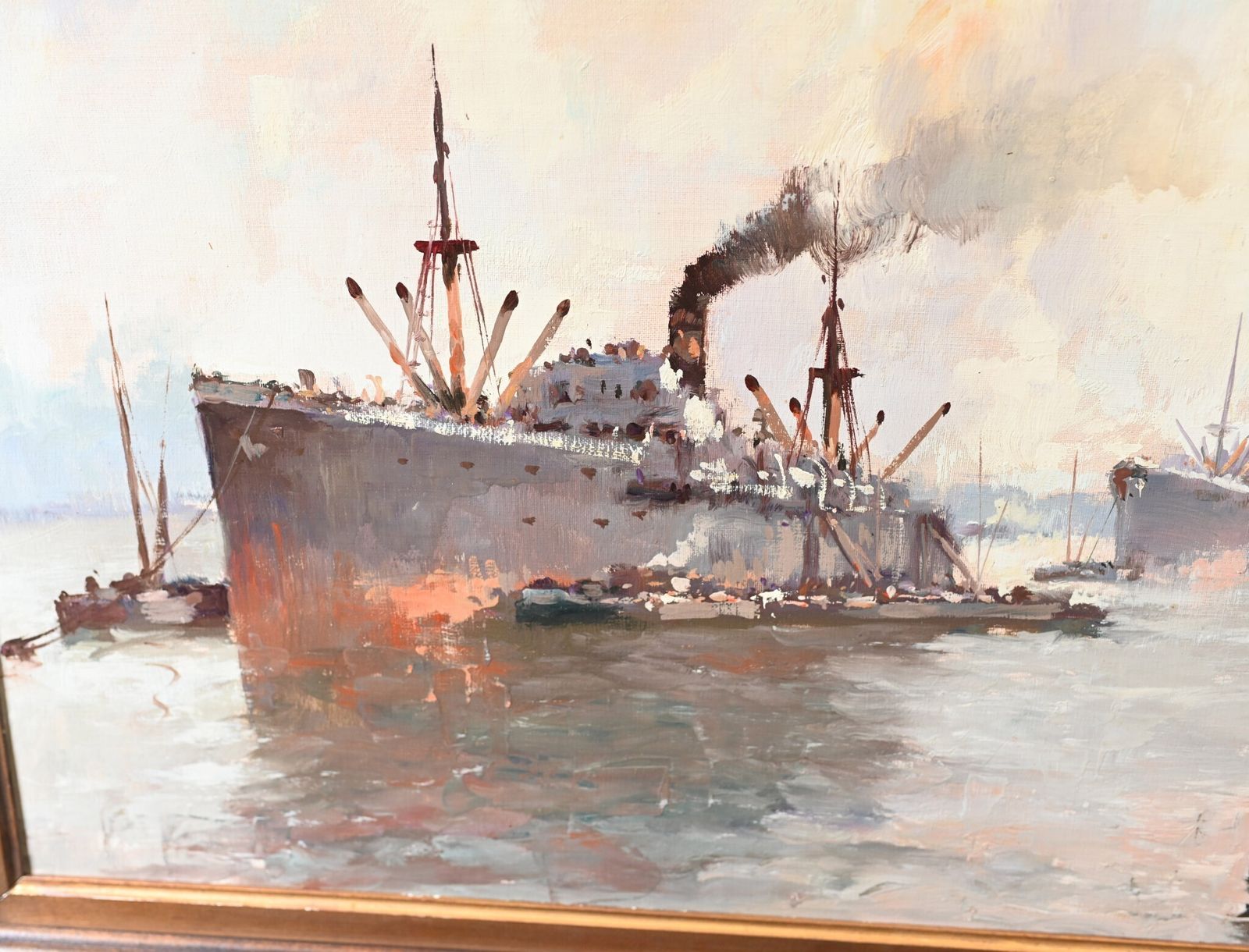 Oil Painting Ostend Maritime Ship Signed Pauwels Antique Art photo furniture