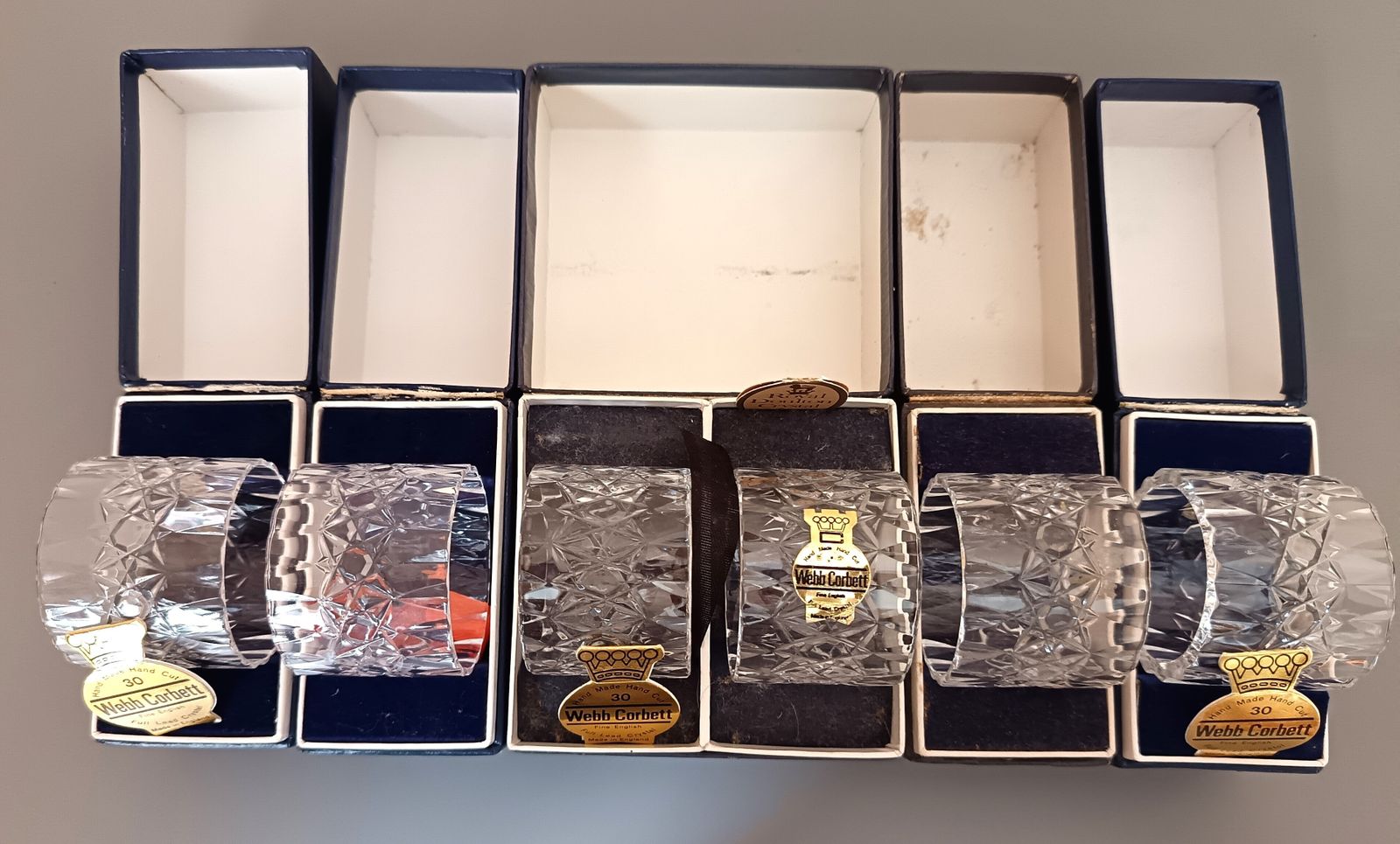 Set Of Six Webb Corbett Lead Crystal  Clear Cut Glass Serviette Rings.