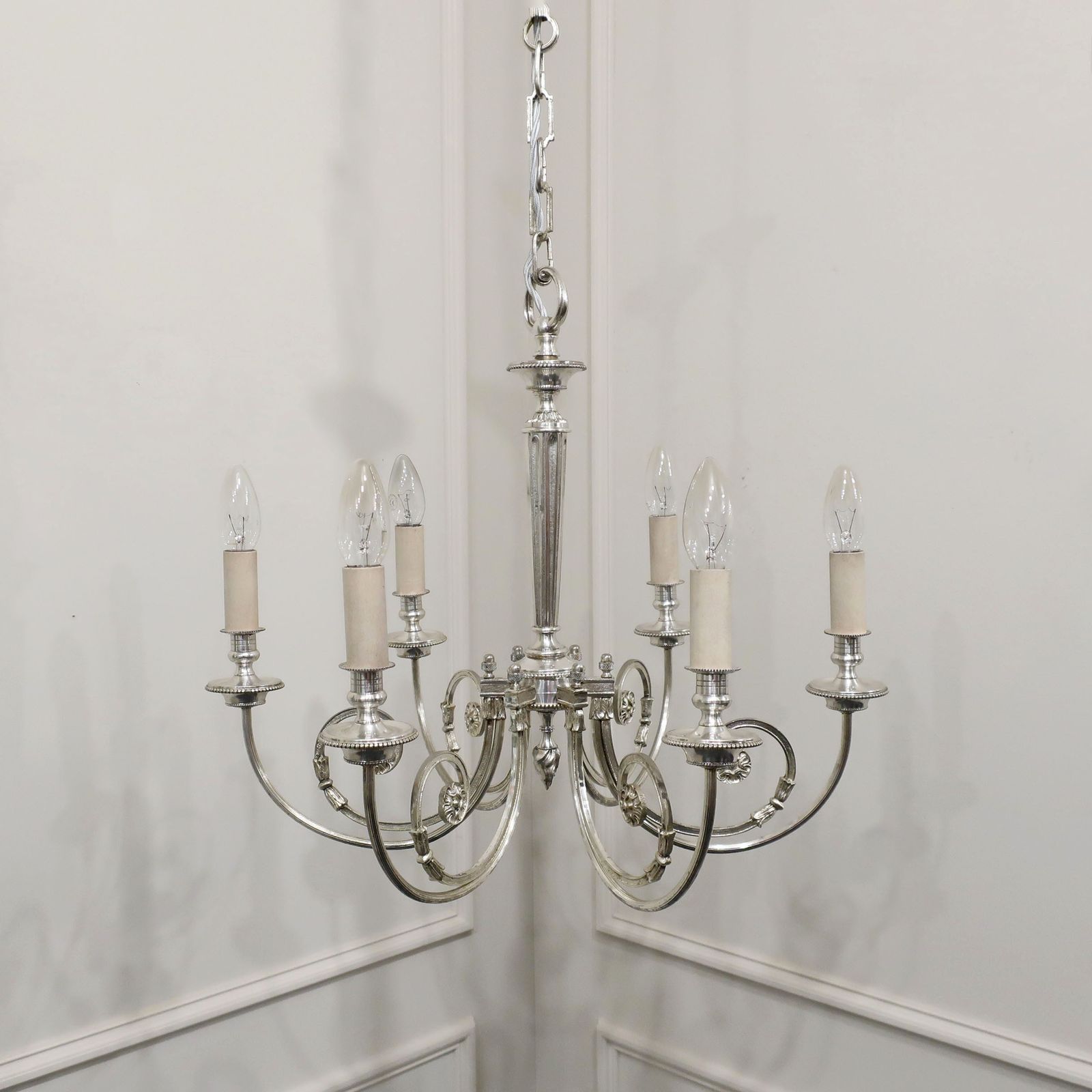 French Early 20th Century Silver Six Arm Chandelier