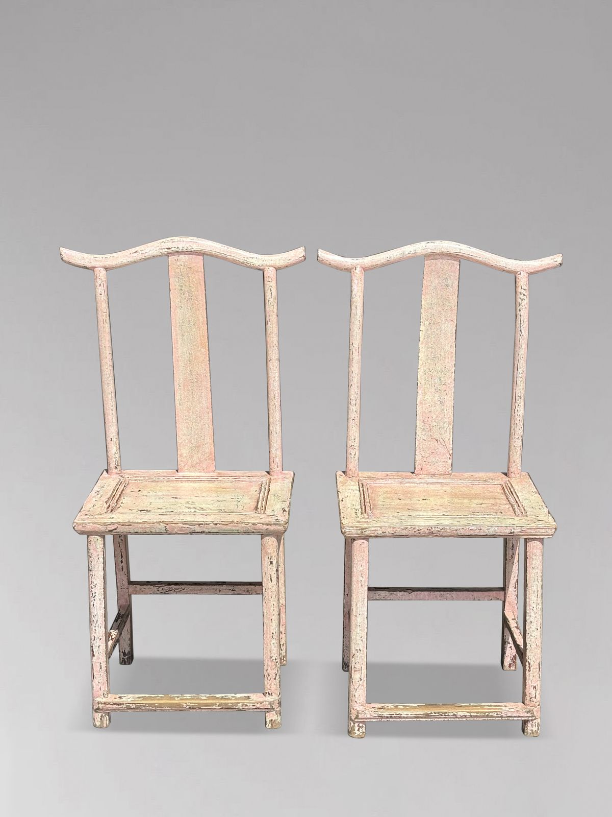 photo for sale Pair Of 19th Century Pink Painted Chinese Yoke Back Chairs