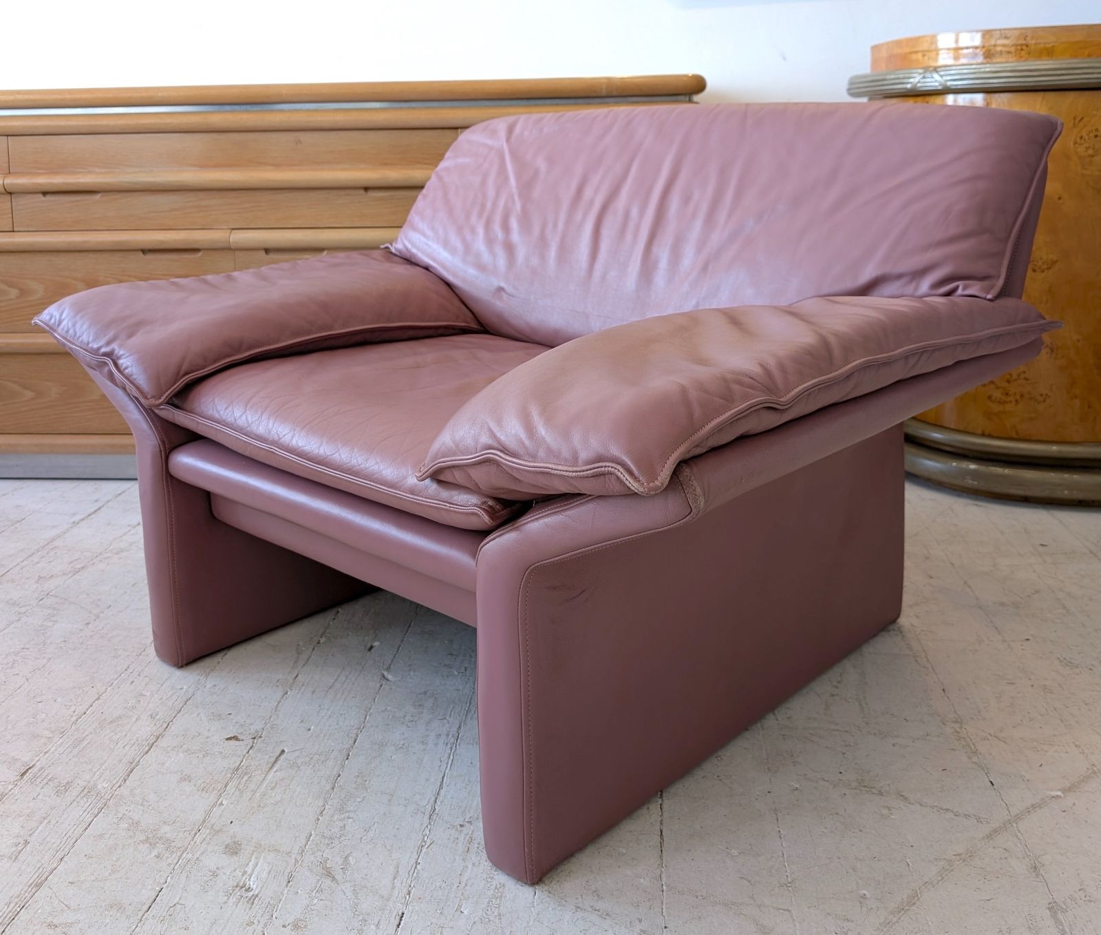 photo for sale Angular Post Modern Vintage  Pink / Mauve Leather Armchair By Brayton, USA 1980s