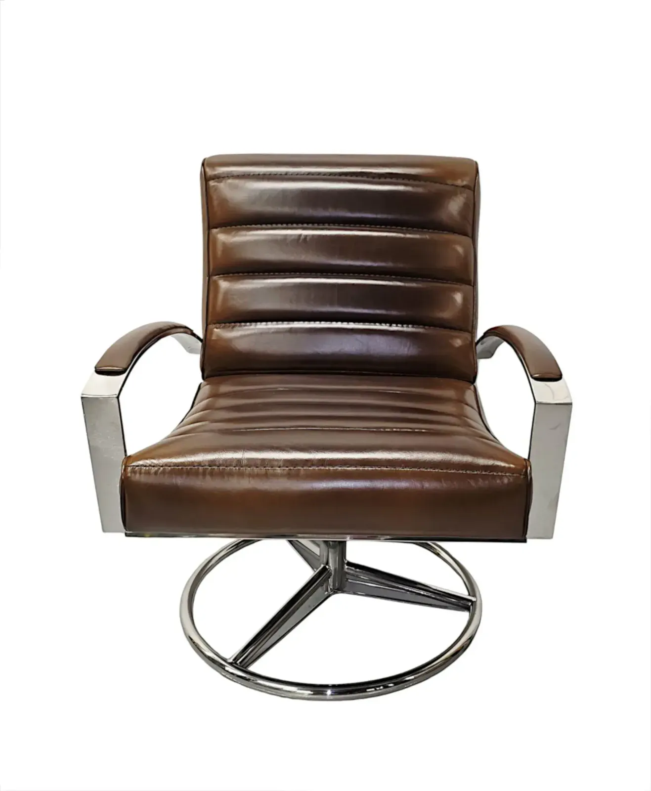 A Stunning Mid Century Style Leather And Chrome Revolving Armchair