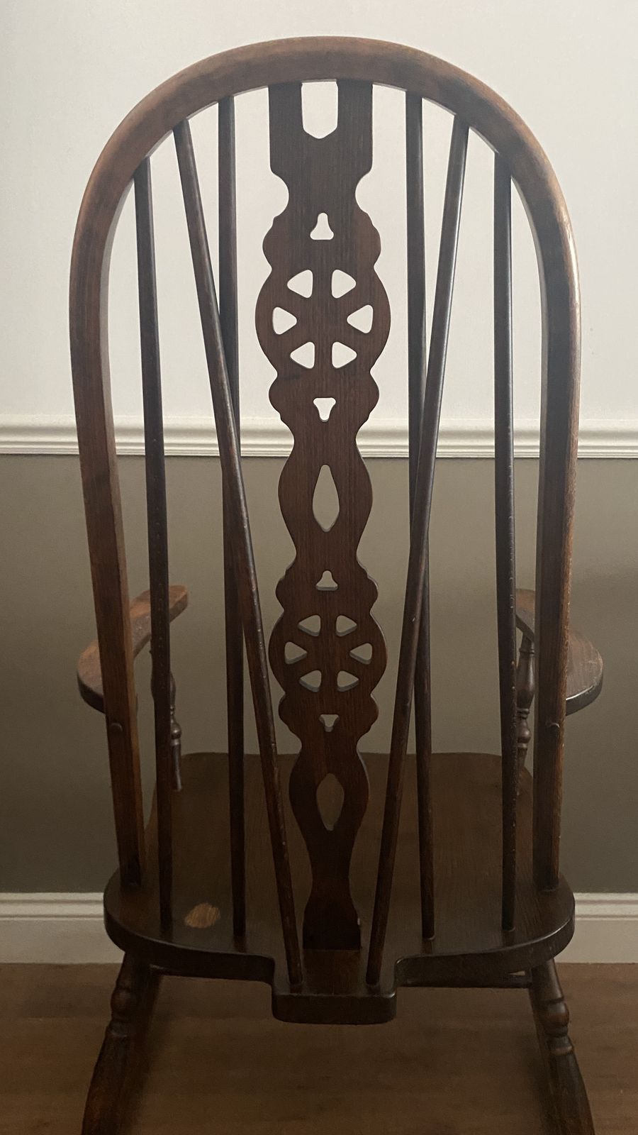 Vintage Wheel Back Rocking Chair Oak Wooden Dark Stain Farmhouse Cottage photo for sale