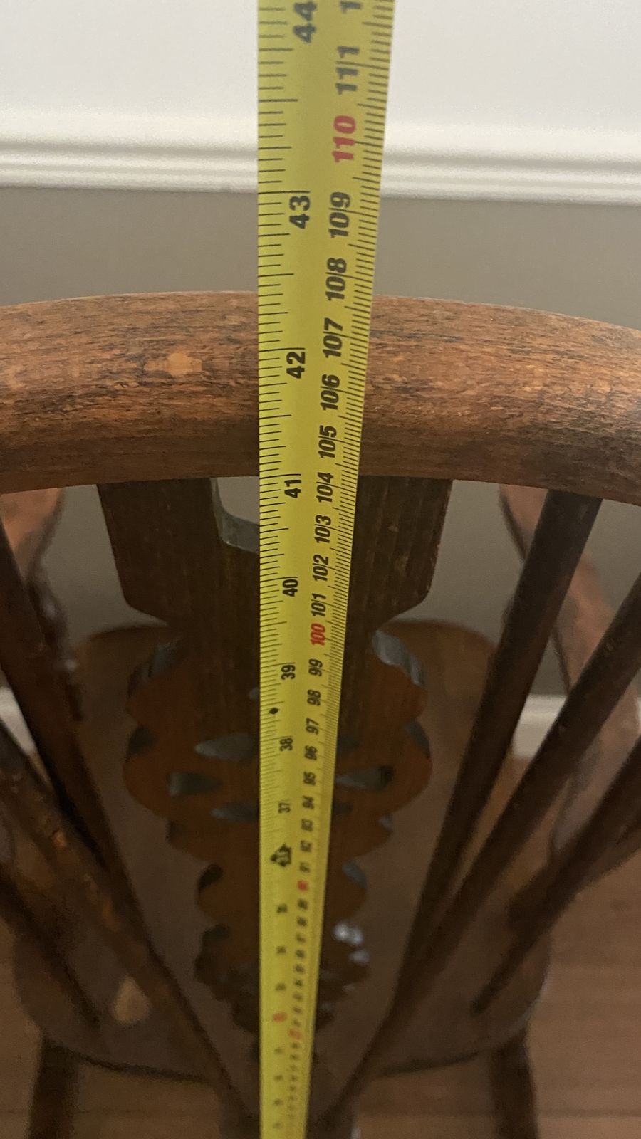photo buy Vintage Wheel Back Rocking Chair Oak Wooden Dark Stain Farmhouse Cottage