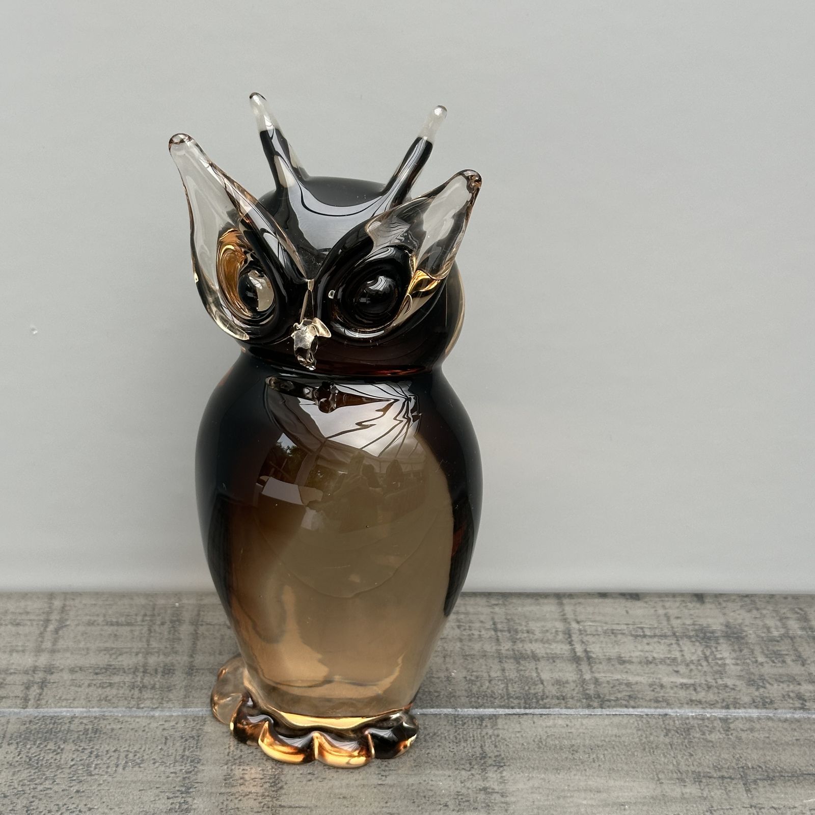 Mcm Murano Style Owl Handcrafted Amber Brown Large Glass Sculpture Paperweight photo for sale