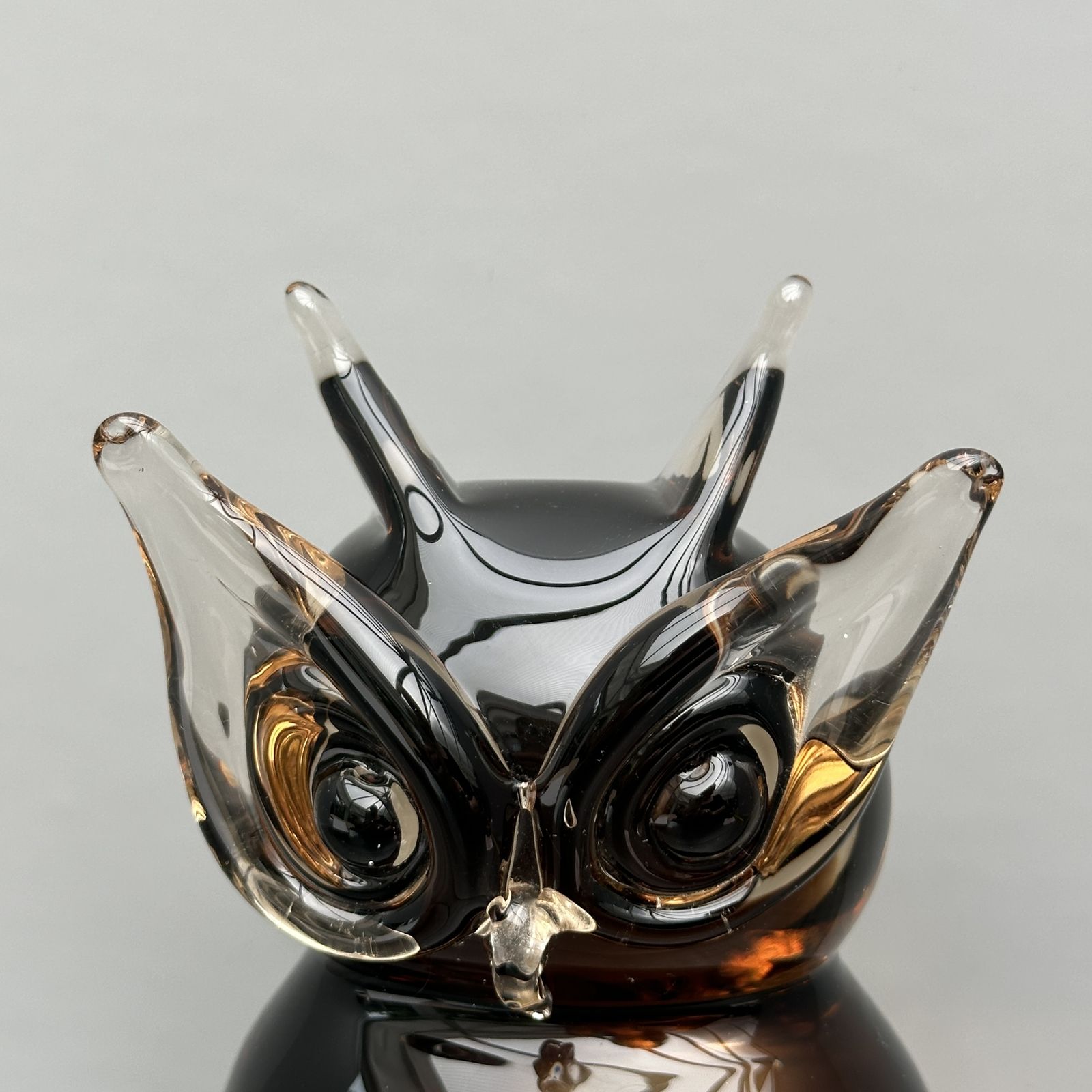 Mcm Murano Style Owl Handcrafted Amber Brown Large Glass Sculpture Paperweight photo vintage
