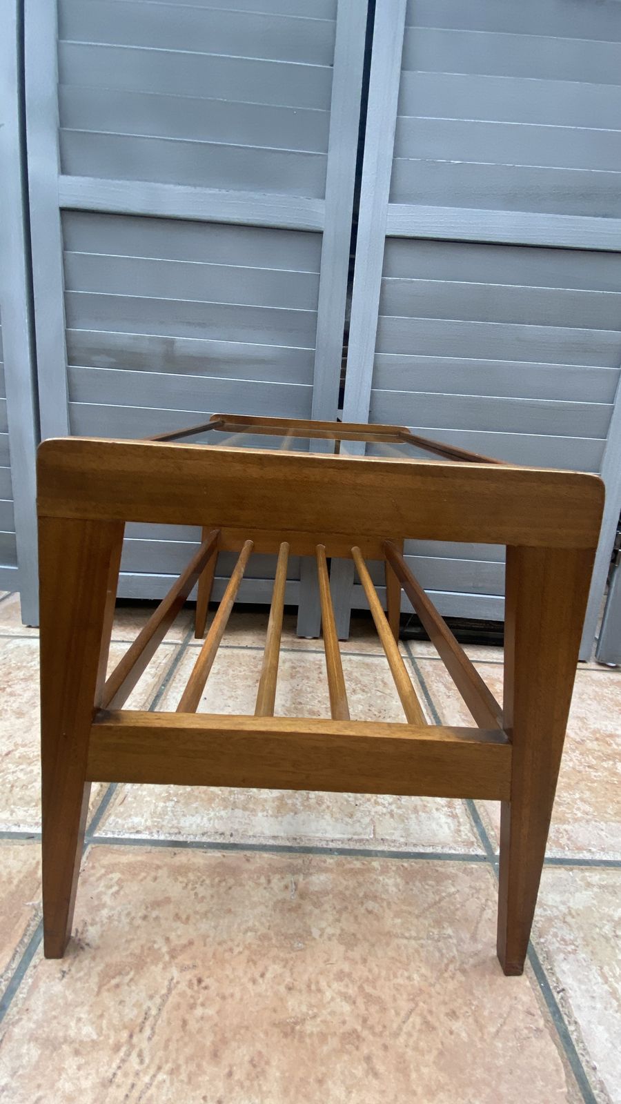 Danish Style Teak Glass Top Magazine Holder Side Table Wooden Slats Mcm photo for sale