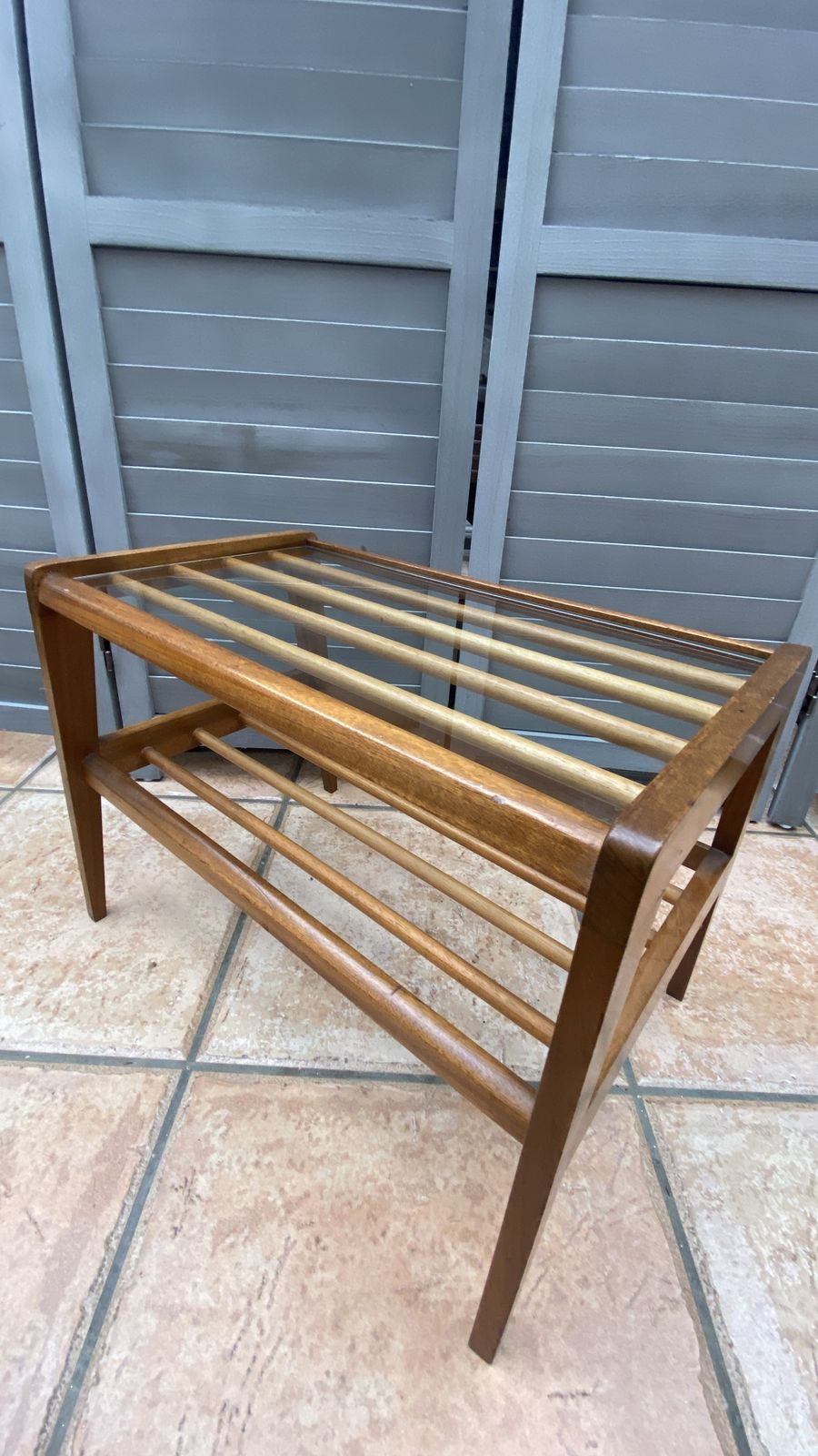 Danish Style Teak Glass Top Magazine Holder Side Table Wooden Slats Mcm photo Furniture