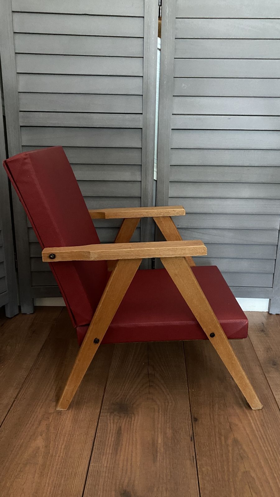 Vintage Mcm Danish Style Childs Chair Small Wooden Frame Lounge Red Vinyl photo vintage