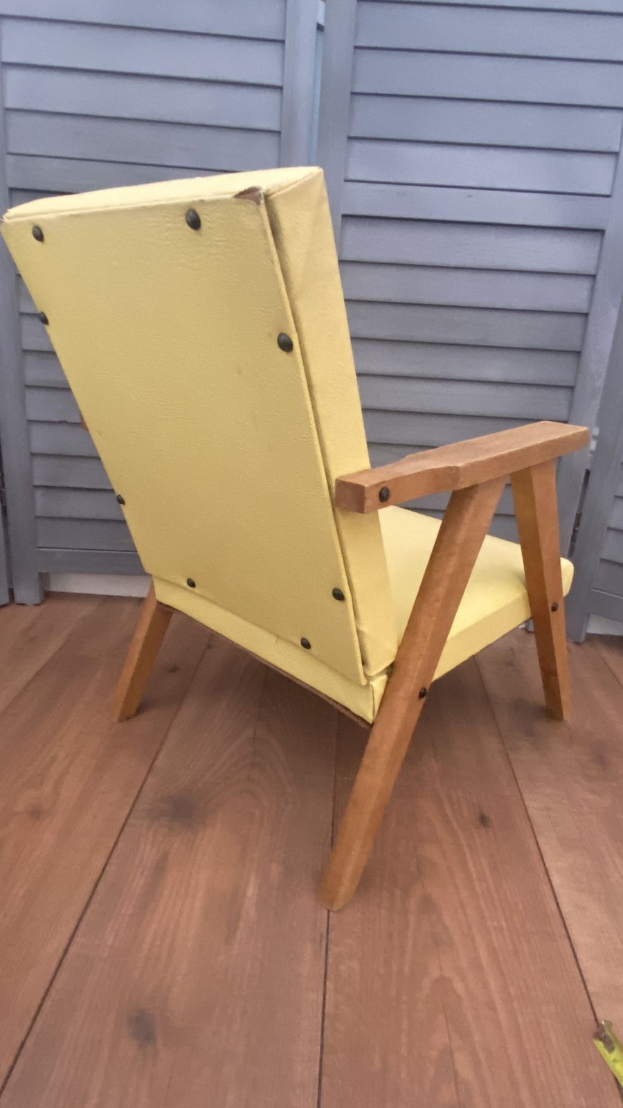 Vintage Mcm Danish Style Childs Chair Small Wooden Frame Yellow Vinyl photo vinterior