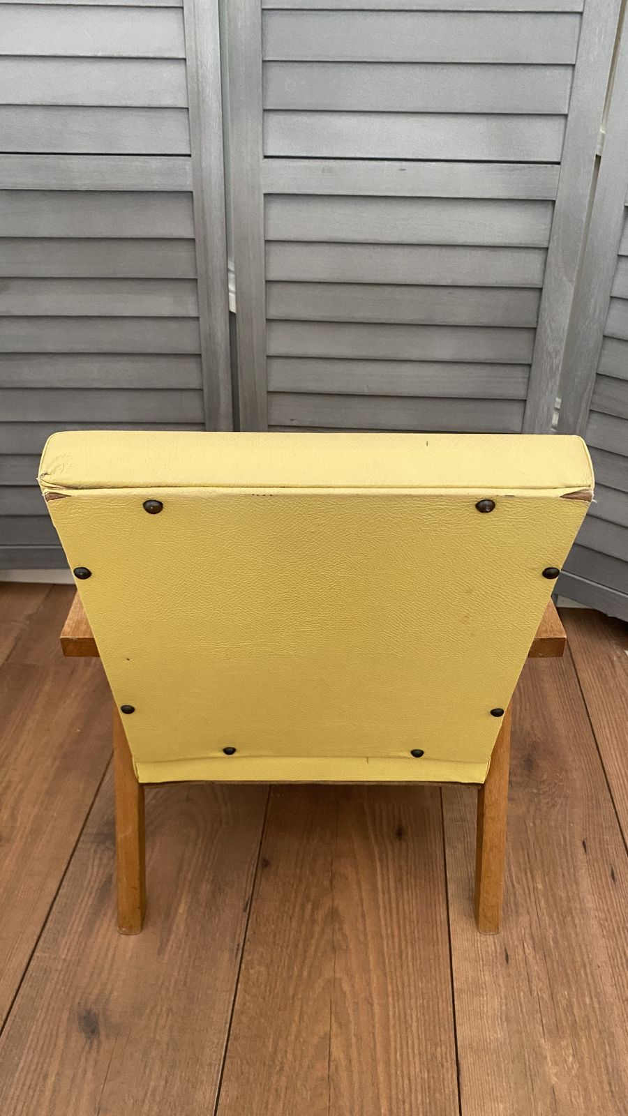 Furniture Vintage Mcm Danish Style Childs Chair Small Wooden Frame Yellow Vinyl photo
