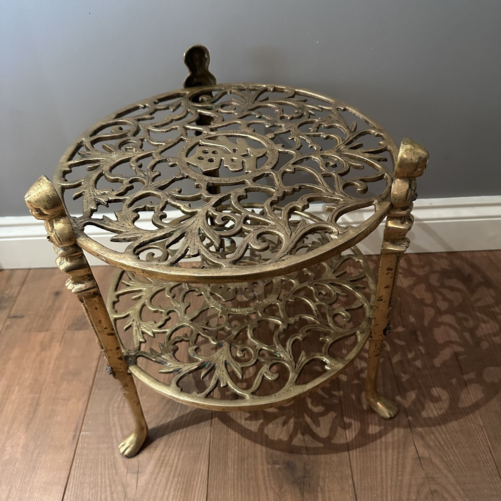 Vintage Ornate Brass 2 Tier Jardiniere Plant Stand Side Table Lion Claw Cherubs photo 249.0
