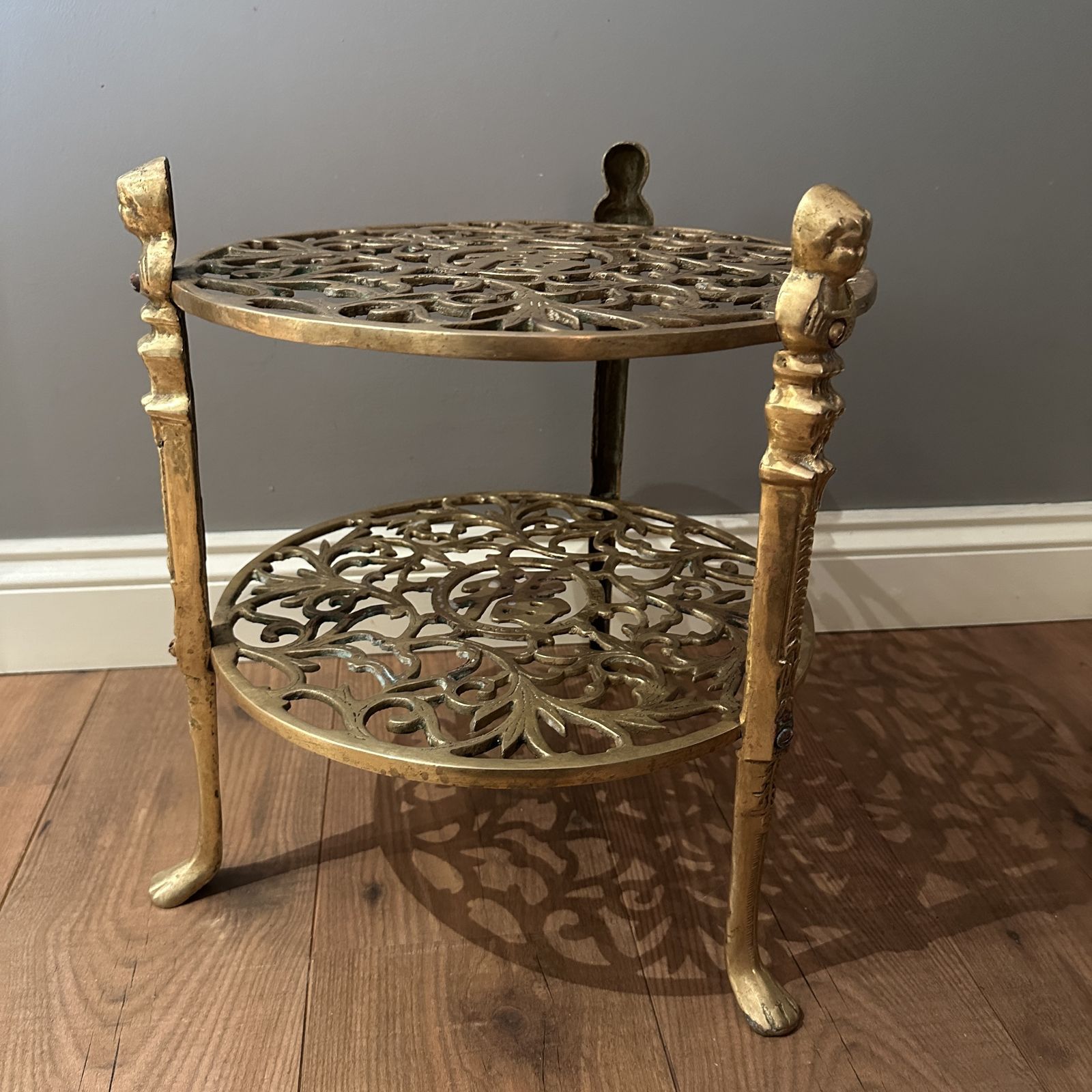 Vintage Ornate Brass 2 Tier Jardiniere Plant Stand Side Table Lion Claw Cherubs photo vintage