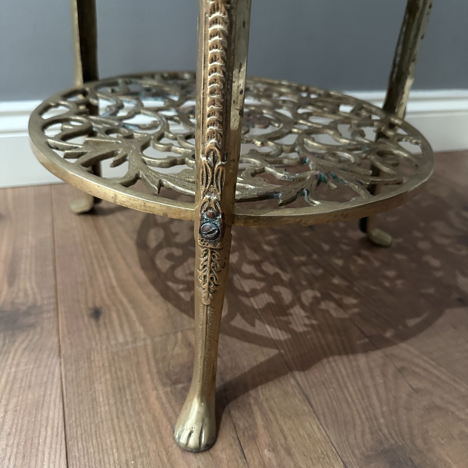 249.0 Vintage Ornate Brass 2 Tier Jardiniere Plant Stand Side Table Lion Claw Cherubs photo